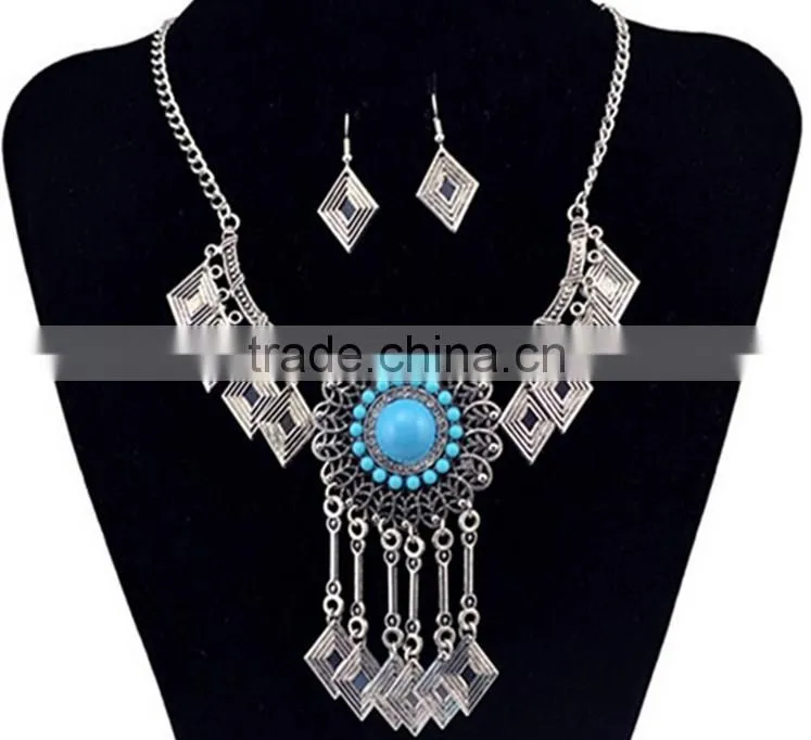 Fashion Jewelry Vintage Look National Style Turquoise Jewelry Set Long Chain Necklace Set