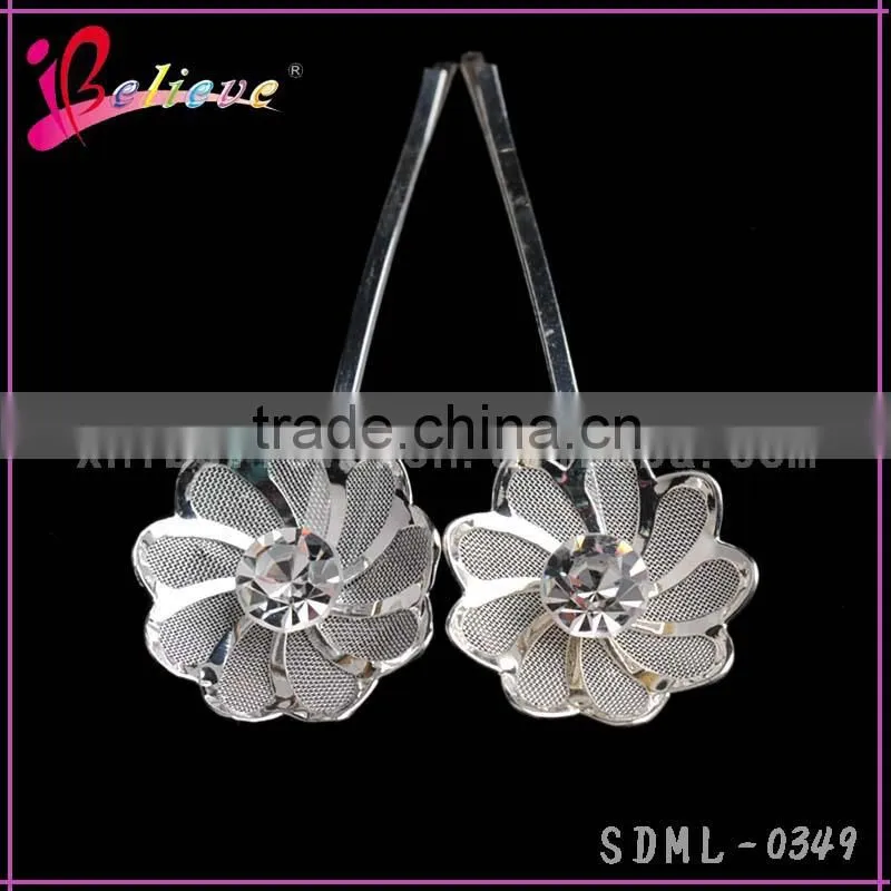 Wholesale metal silver flower hair pin,hot selling fancy kids hair clip,hair pins for girls
