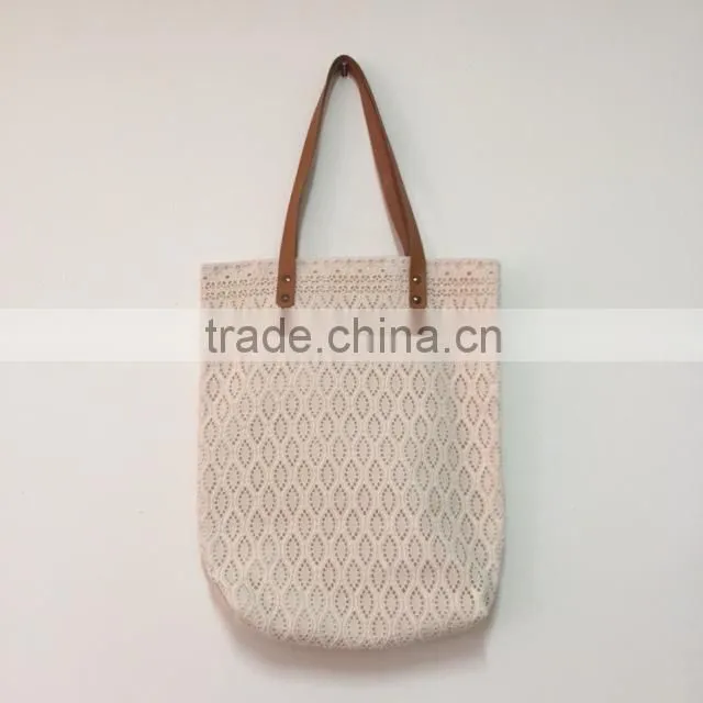 Dobbytex Thai Cotton lace tote bag with leather strap