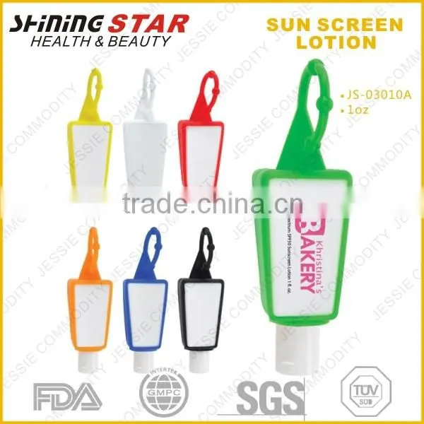 JS-03010A 2015 new design sunscreen lotion 30 with silicon holder
