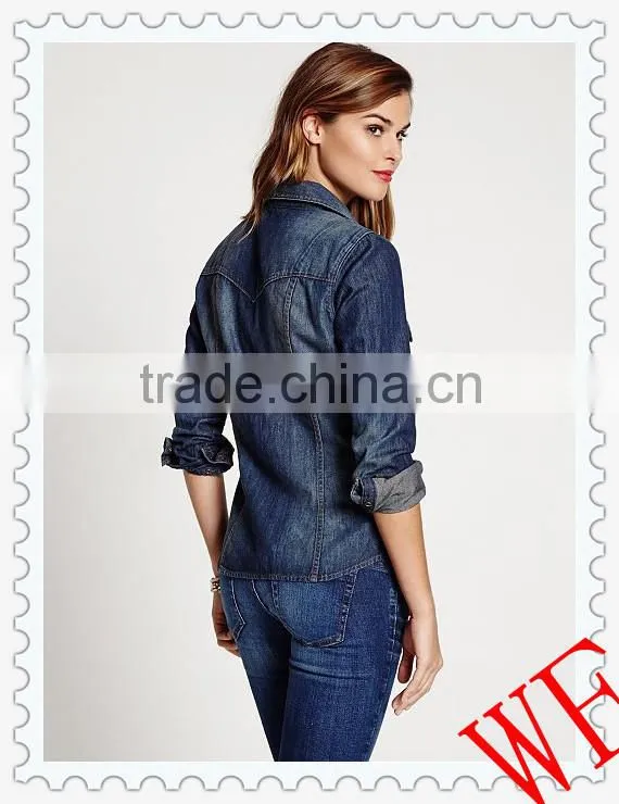 2014 autumn women's long sleeve lab washed denim loose casual shirt with two pockets