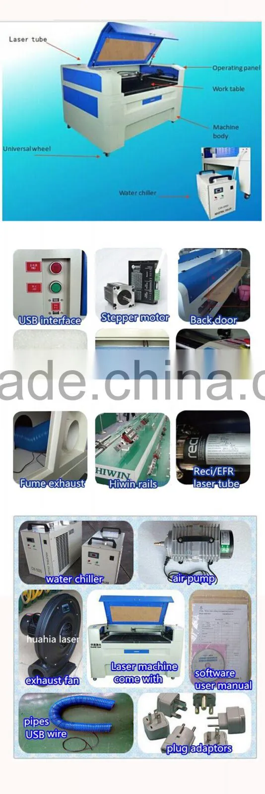 Huahai CE FDA 60w 80w 100w 150w CO2 Laser Cutting Machine Price with red dot motorized Z-axis rotary attachment
