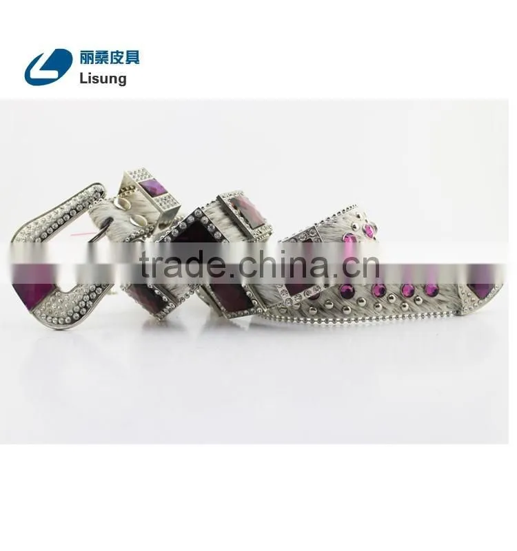 Purple Crystal Full Rhinestone Buckle Horse Hair Hide Western Cowgirl Belt