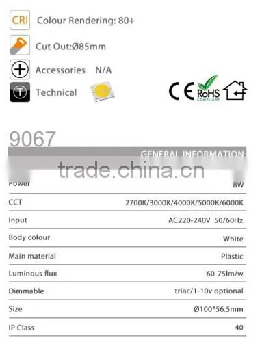 ON9067 8w led cob aluminum recessed spotlight ceiling lamp