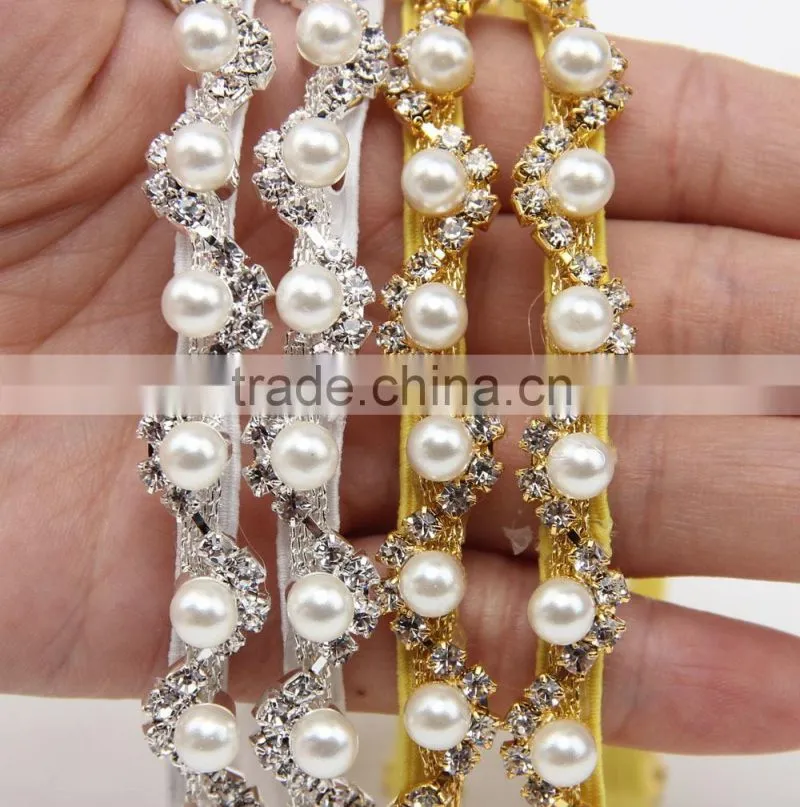 Newborn baby Rhinestone pearls elastic headband hair accessories / glitter crystal diamond ribbon silk jewelry on sale
