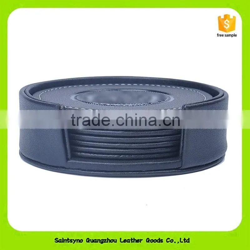 16016 Eco-friendly leather black round shape leather/PU drink coaster