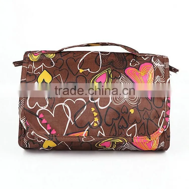 210D Nylon Plaid Floral Printing Toiletry Cosmetic Bag With Hanger