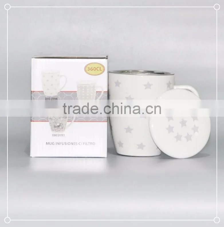 porcelain printed tea and coffee mug with lid and filter