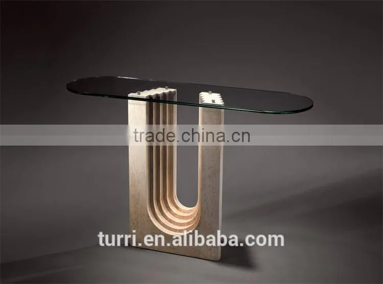 Modern austere Iran marble console table with glass top