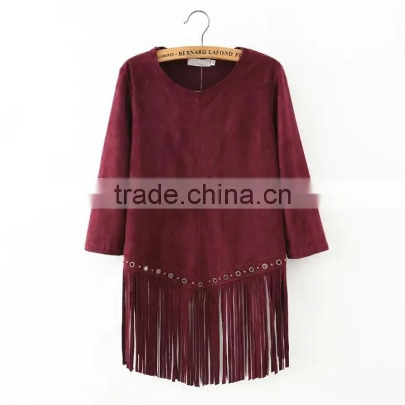 Trendy Faux Suede Retro Fringed Tassels Blouse Perforate Hem Shirt T-Shirt