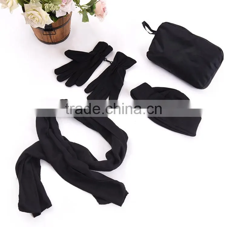 promotion polar fleece cheap scraf hat gloves sets package with polyester taffeta bag