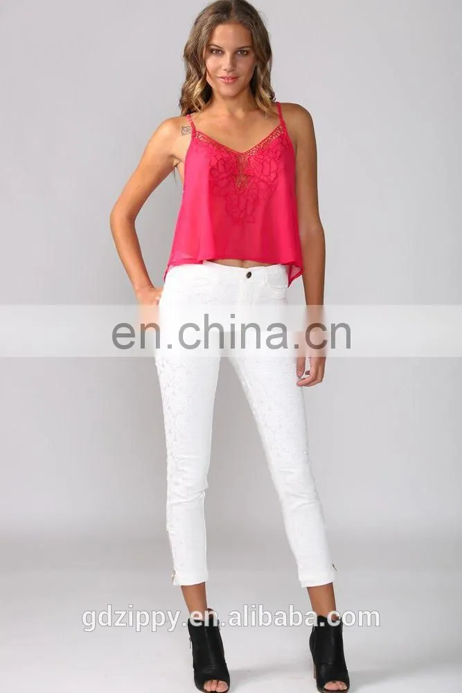 2016 New Women White Skinny Jeans.Lace Crotchet Detailing