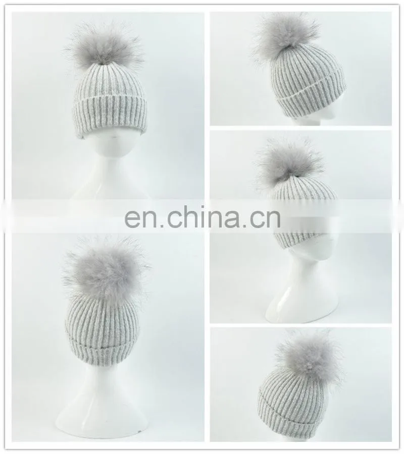 Kids Funny Hat With Big Genuine Raccoon Fur Ball Winter Knit Hat Baby Crochet