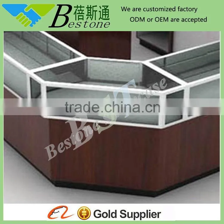 Metal frame wooden furniture corner showcase for jewelry