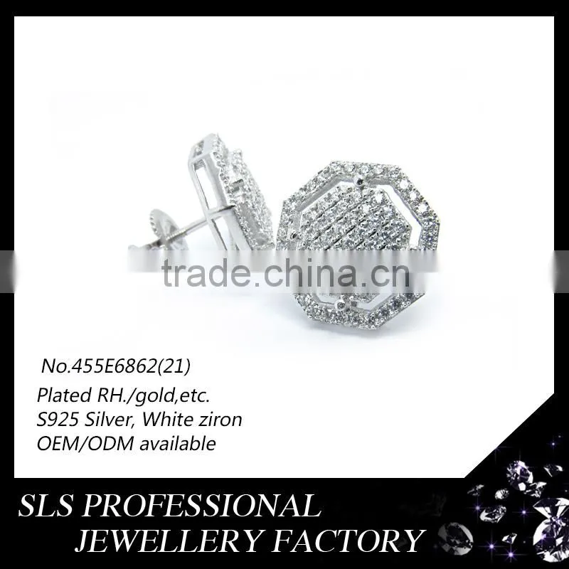 2015 fashion new designs push/screw back earring and round zirconia prong earring for men's charming