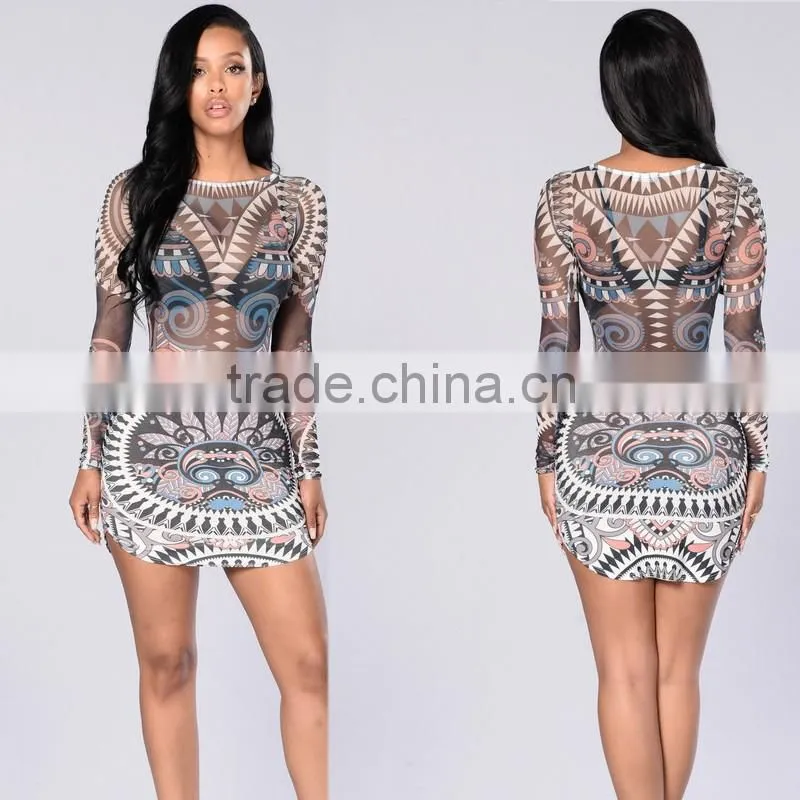 Women sexy night dress tribal tattoo printed night club wear bandage bodycon party dress