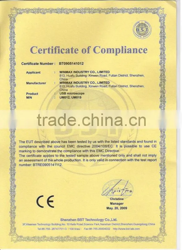 Hot CE RoHs FCC certified battery powered usb portable digital microscope supplier in China