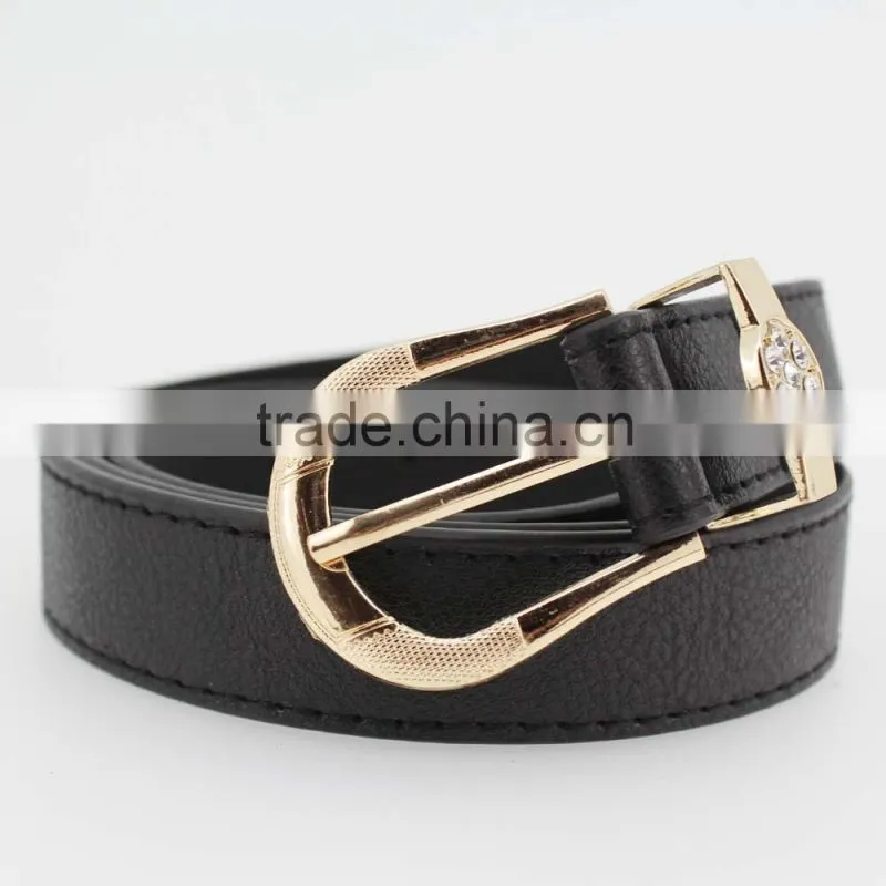 Women's Plain black PU leather belt with rhinestone ring in YiWu