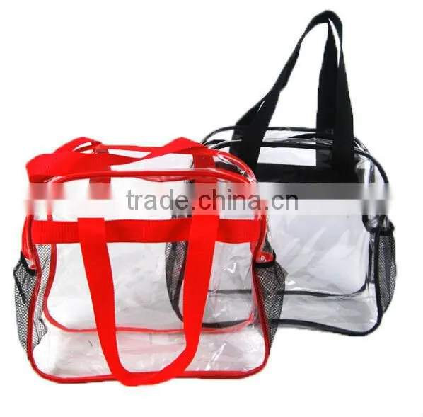 New Design Clear PVC Shopping Bag With Side Mesh Pockets/Clear PVC Cosmetic Bag