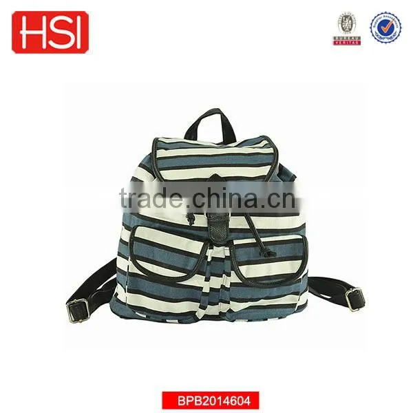 green and white stripe front fastener women drawstring backpack
