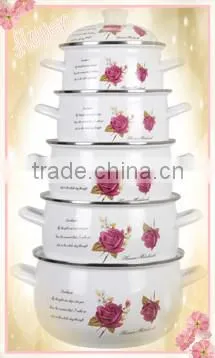 Fashion Design Double Handle Enamel Pot Set Purple Flower Decal Non-Stick Iron Pot With FDA SGS Certified 5 Pcs