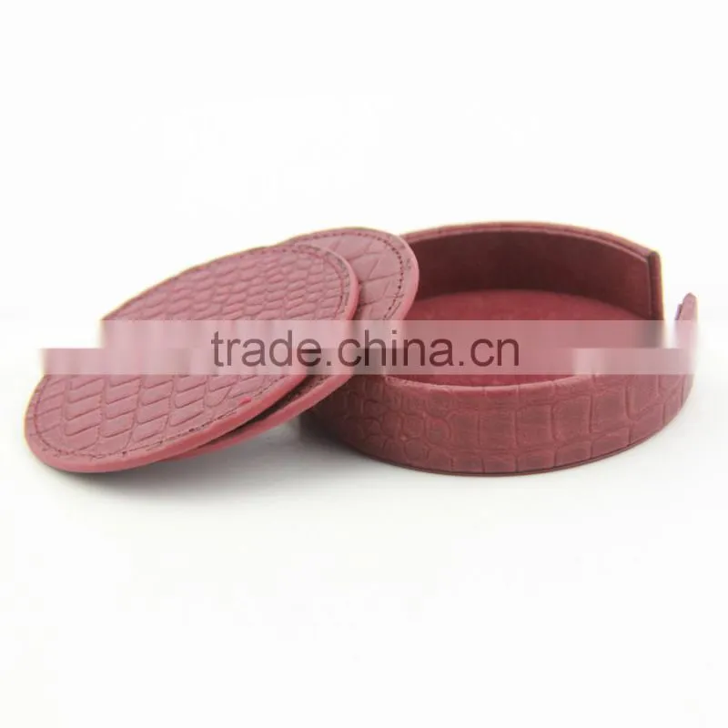 Red crocodile PU leather round cup coasters