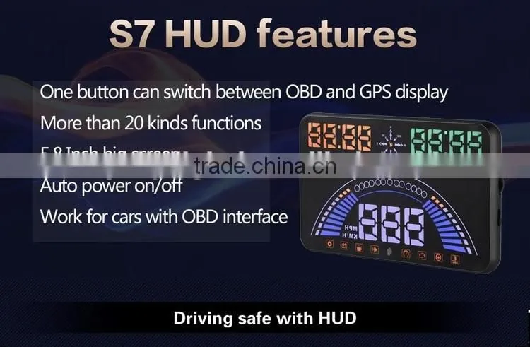 Newest HUD S7 Head Up Display HUD GPS 5.8 Inch Screen Support Cars With OBDII OBD2 Port And Free Switch