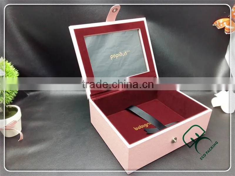 Leather Pink cute big gift wood box with clear window
