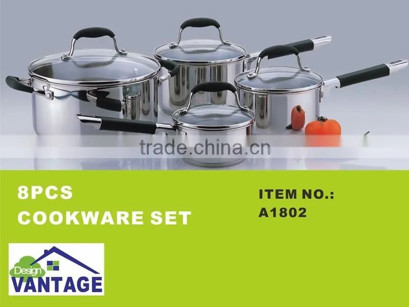 8pcs stainless steel cookware set with black silicon handle/saucepan/casserole
