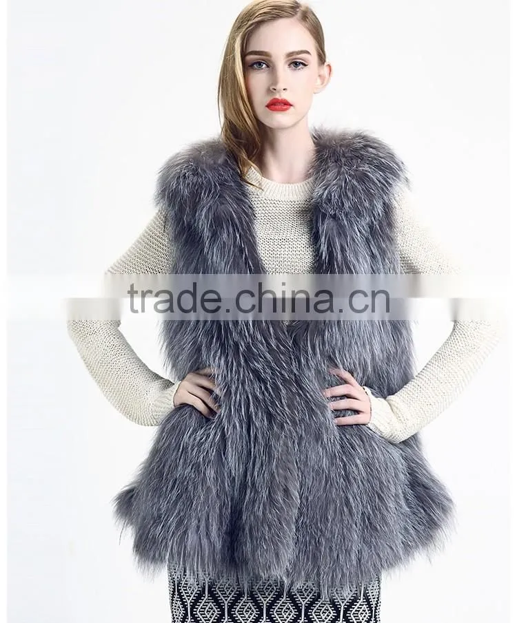 YR620 Top Quality Fashion Fur Women Silver Fox Fur Knit Waistcoat