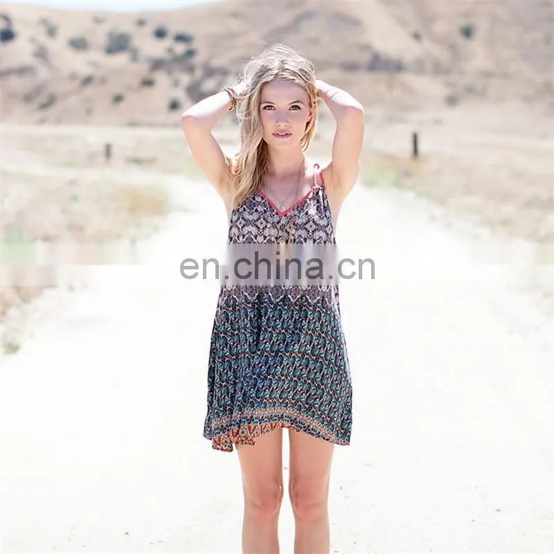 Fashion sleeveless printed viscose Sexy Ladies One Piece Dress Pattern