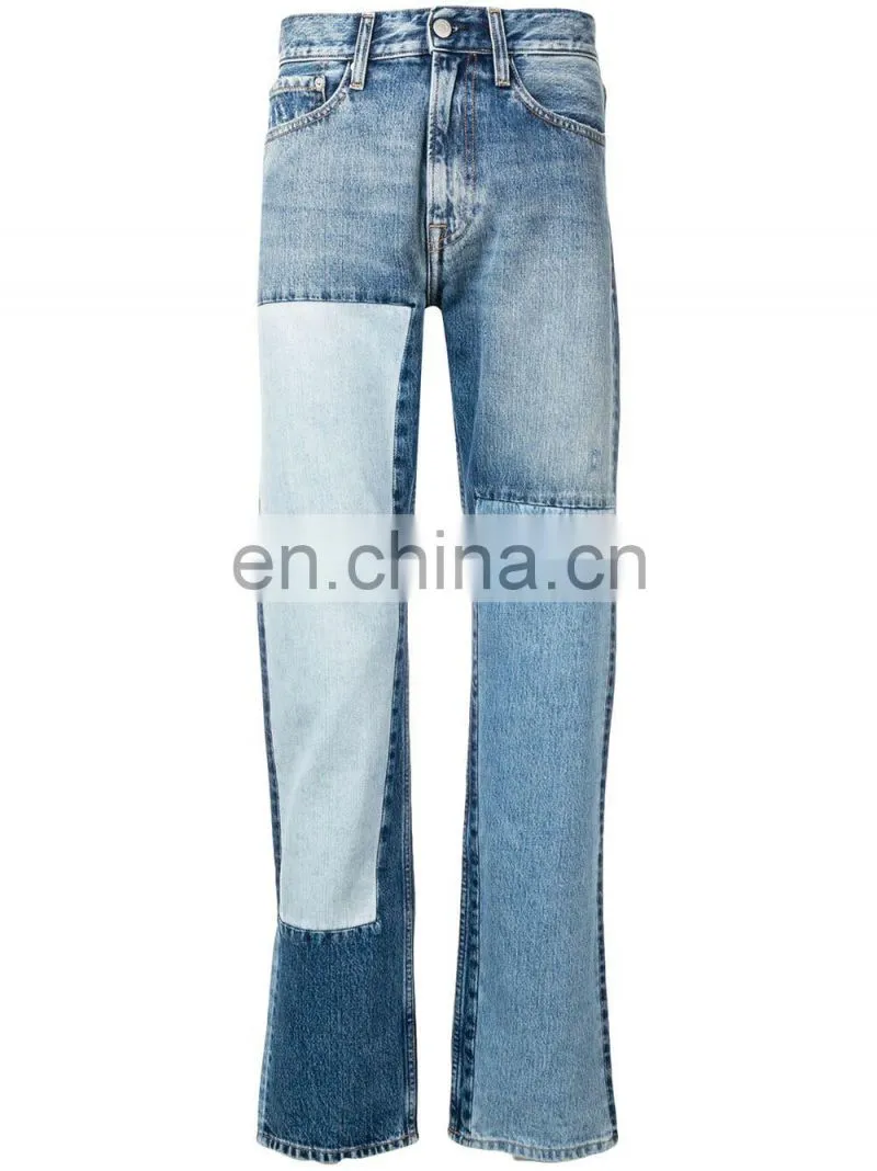 DiZNEW OEM Blue Cotton Straight Leg Patchwork Jeans For Men