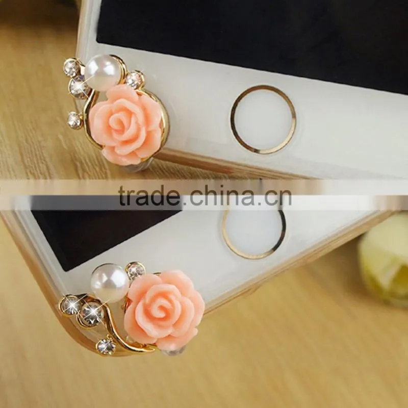 Rose Flower 3D Crystal Bead Pearl Anti Dust Plug Charms For 3.5mm Phone For Apple4 4S 5 For Samsung Galaxy S3 S4 For HTC