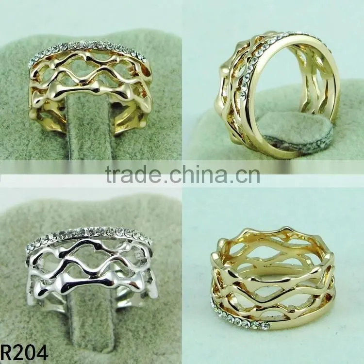 Fashion rhinestone ring ripple alloy plated gold/silver ring R204