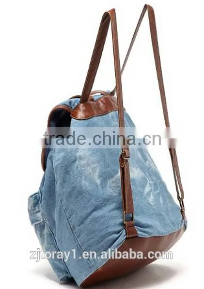 Light Blue waxed canvas backpack with string for student