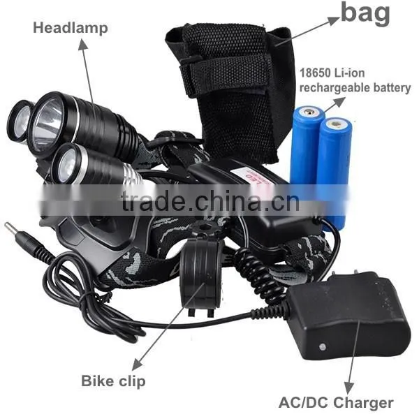 6000 Lumen 4 Modes XML T6 And R2 3 LED Brightest Lumen Rechargeable Headlamp + Bag + Bike Clip + Band + Normal Box Packing