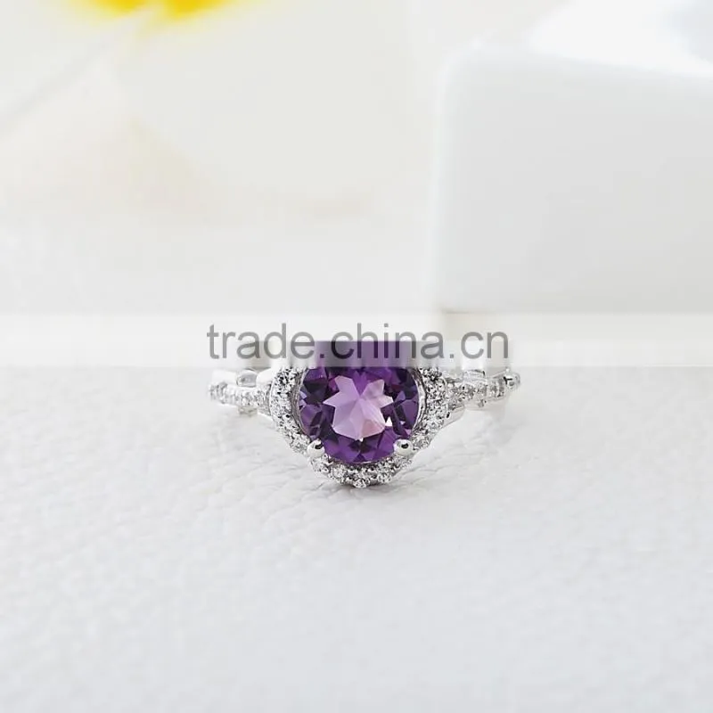 Generous 925 sterling silver natural round shape amethyst ring. Natural gemstone silver ring.Europe gemstone ring