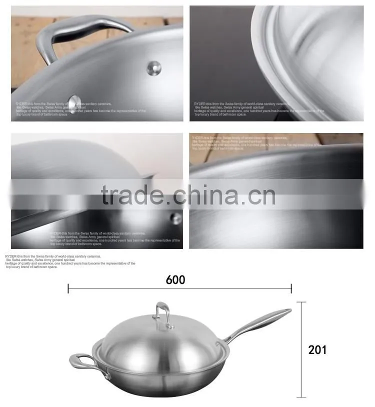 High quality 30cm Tri-ply stainless steel wok with lid/Induction bottom/cast stainless steel handle