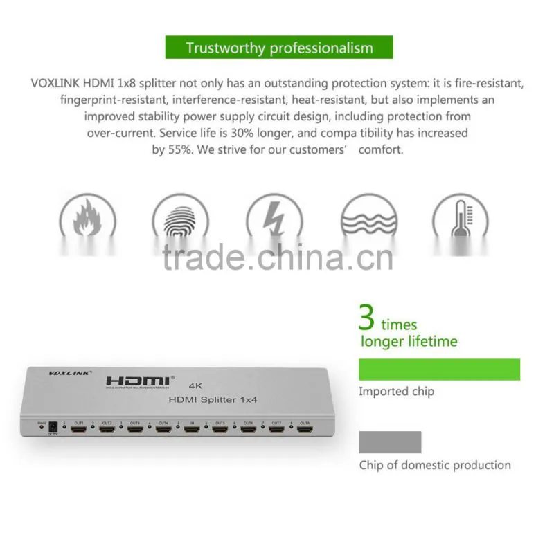 VOXLINK 1x8 HDMI splitter 4K(HDMI 1.4,HDCP1.4 ,4K,IR extension, EDID management, RS232) EU/US/UK/AU