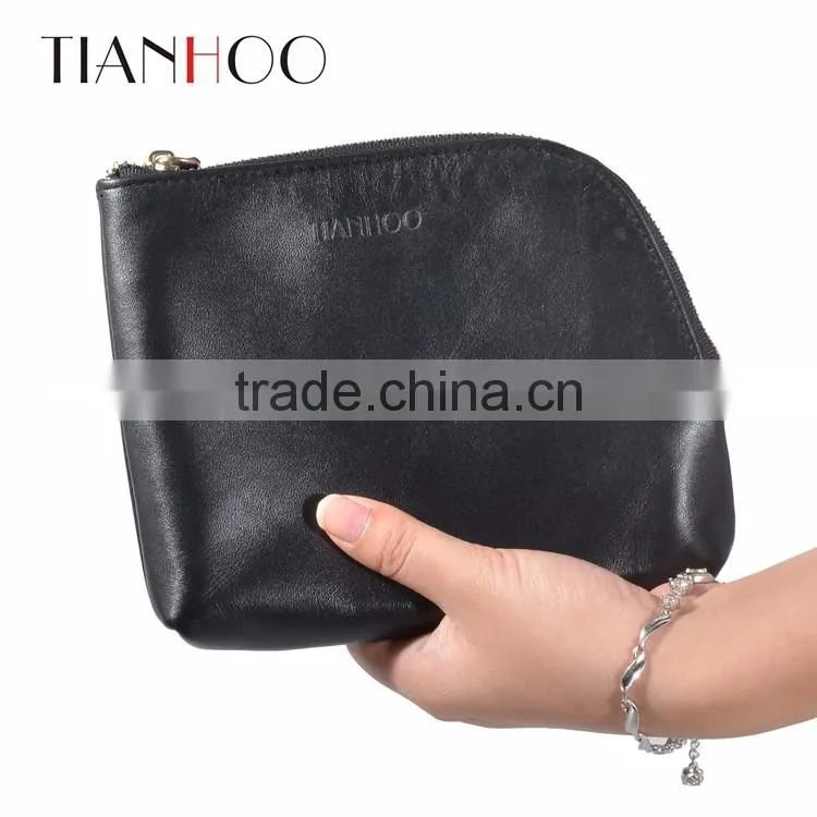 Women Genuine Leather Makeup Bag Professional Cosmetic Cases Black Color Phone Pouch Clutch Bag