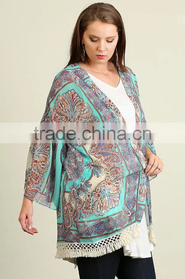 Women Wholesale Boutique Clothing Bohemian Border Print Woven Open Front Fringe Hem Cardigan Clothing Factories In China