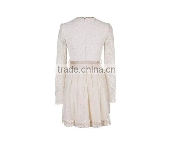 Women's your own brand designer ladies' loose fit pleated lace korea summer fashion dress with hollow sleeves