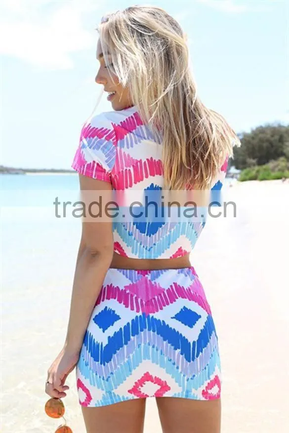 Wholesale Women Clothing Set Sexy 2 Piece Set Women dress women swimsuit Crop Top and Skirt Set Hit Color Irregular Skirt Suits