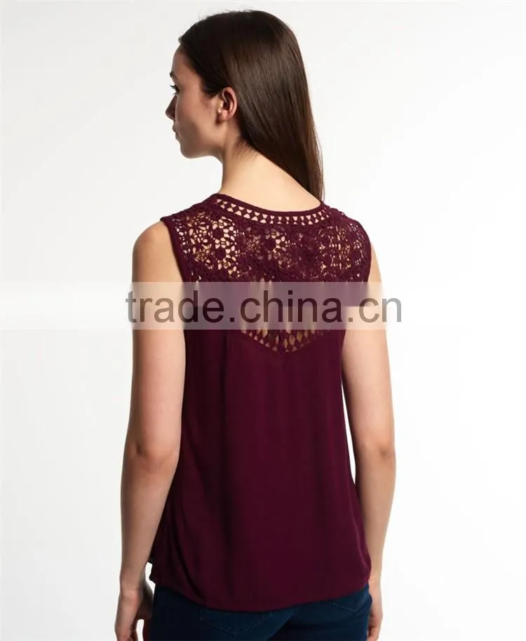 2017 Guangzhou Shandao Custom Logo New Fancy Style Women Summer Wine Red Chiffon Round Neck Sexy Sleeveless Top Photos