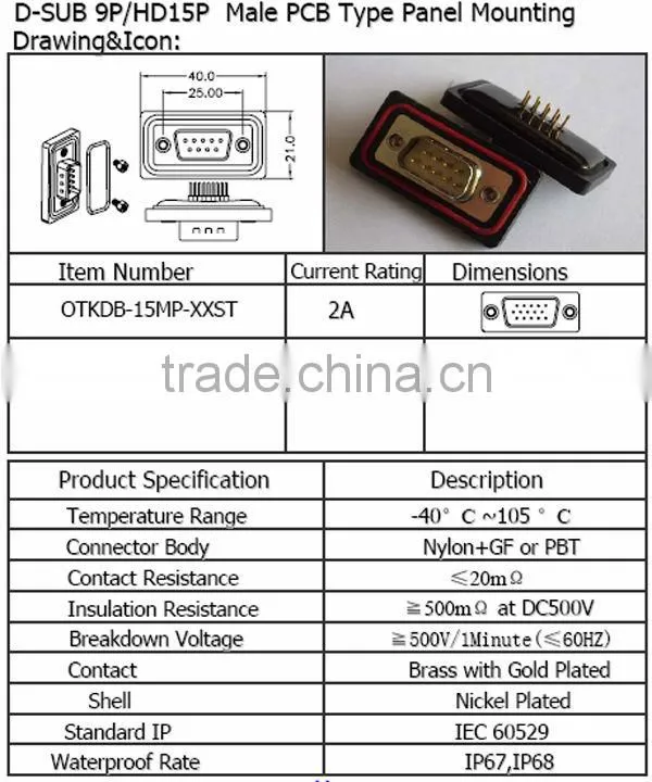D-SUB 9P/HD15P male PCB type panel mounting Waterproof Connector