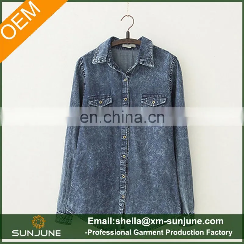Vertical striped classic denim shirt women fashion denim blouse