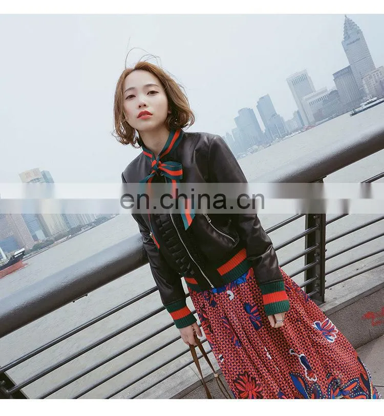 Custom Lady Real Leather Jacket With Ribbon Ribbon Leather Jacket Motorcycle