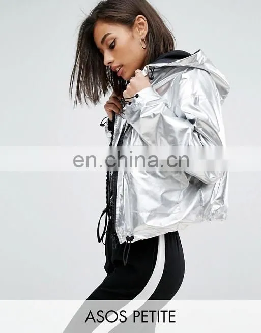 High quality female fashion design ladies hoody metallic jackets women outdoor long sleeve jackets facotry