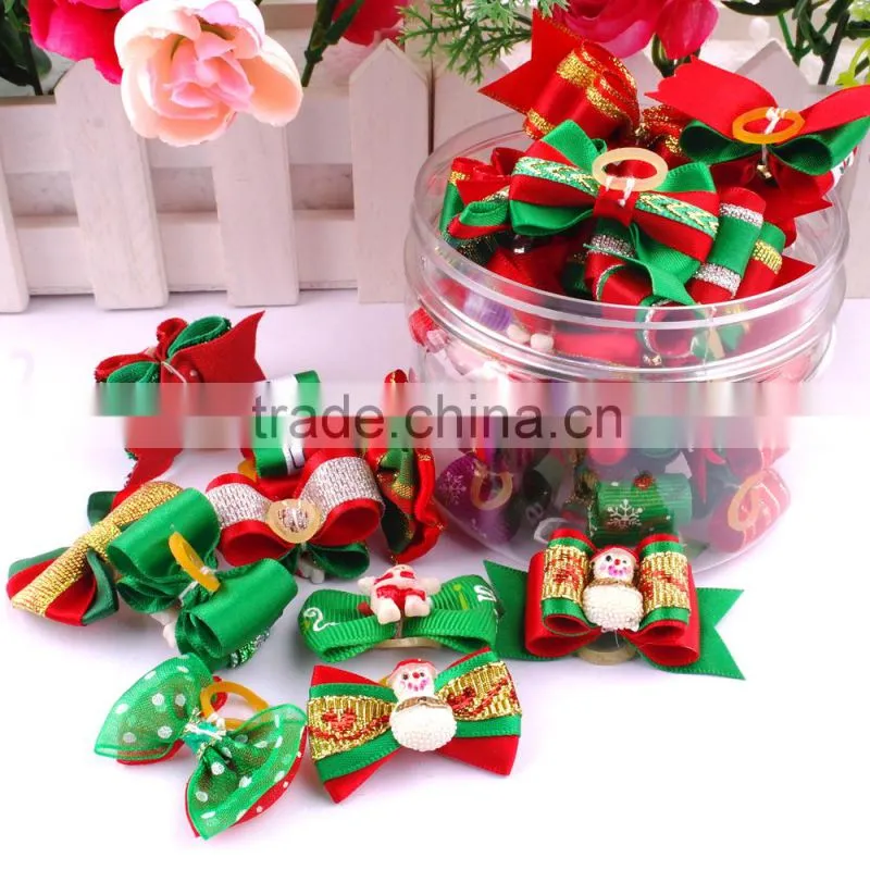 Various Design Holiday Christmas Ribbon Dog Cat Hair Bows With Rubber Band