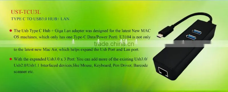 USB3.1/Type-C to USB3.0 Adapter Connector Hub 2pcs/lot 3 * USB3.0 Ports and1* lan port for Macbook Chromebook